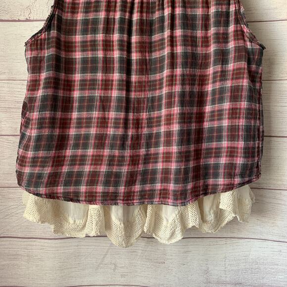 Hippie Laundry Sleeveless Plaid Button Up Shirt Boho Crochet Lace Ruffle Size L - Picture 8 of 15